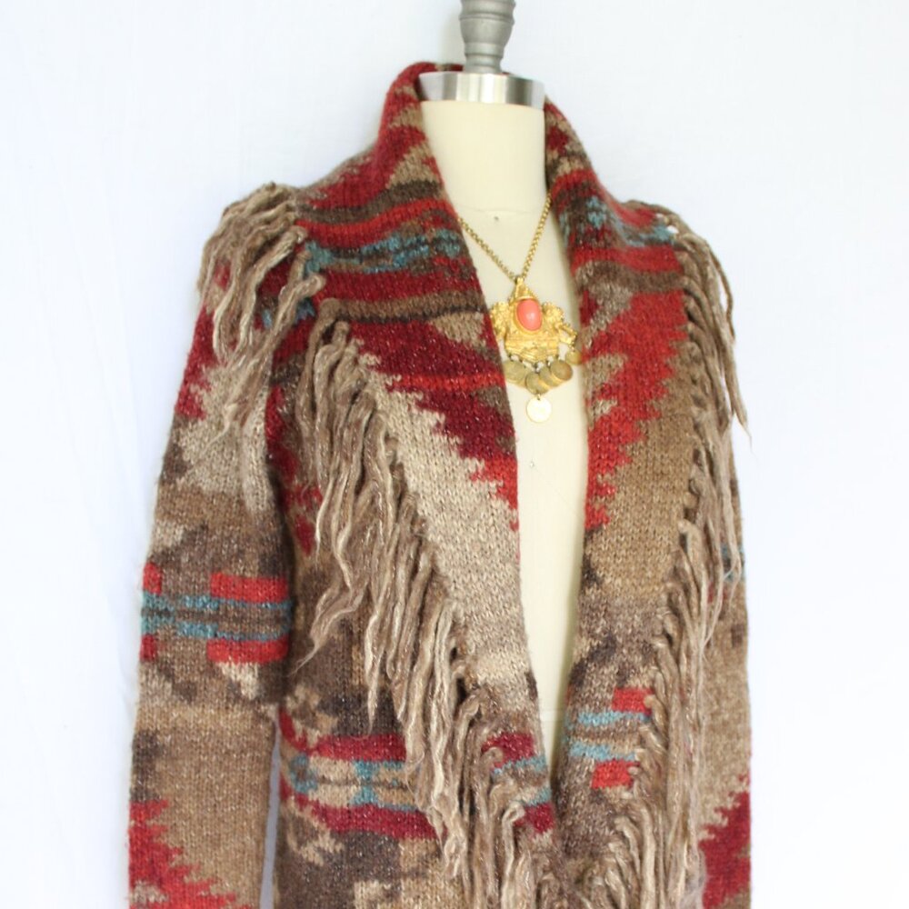 SOLD. RALPH LAUREN Denim Supply fringe polo RRL wool Aztec tribal Cardigan - Picture 7 of 10